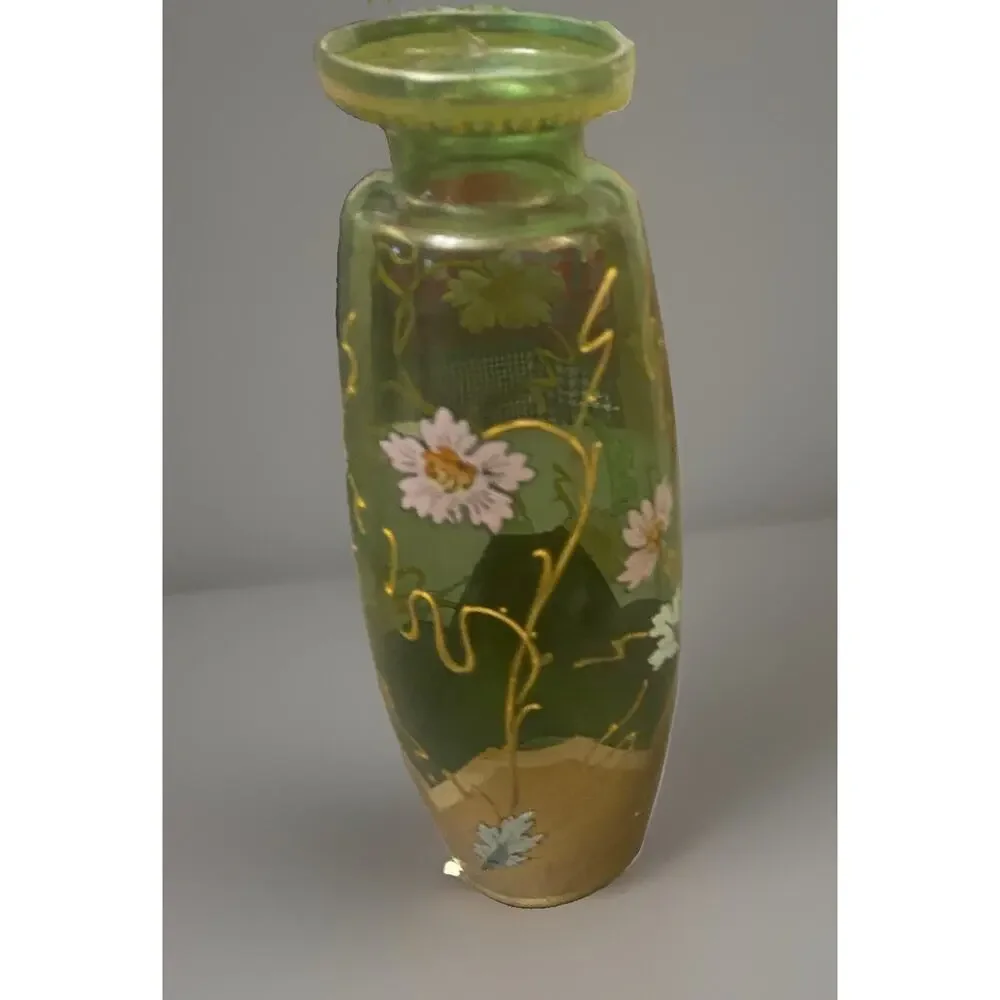 Fritz Heckert Style Art Nouveau Green Floral Gilt Enamel Blown Glass Vase 9.25